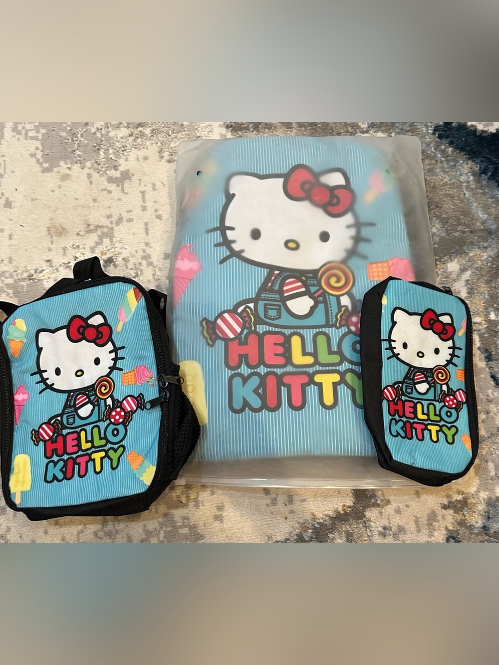 NWT Hello Kitty Blue Kids Backpack, Pencil bag, and Lunch Bag Set with Candy Art